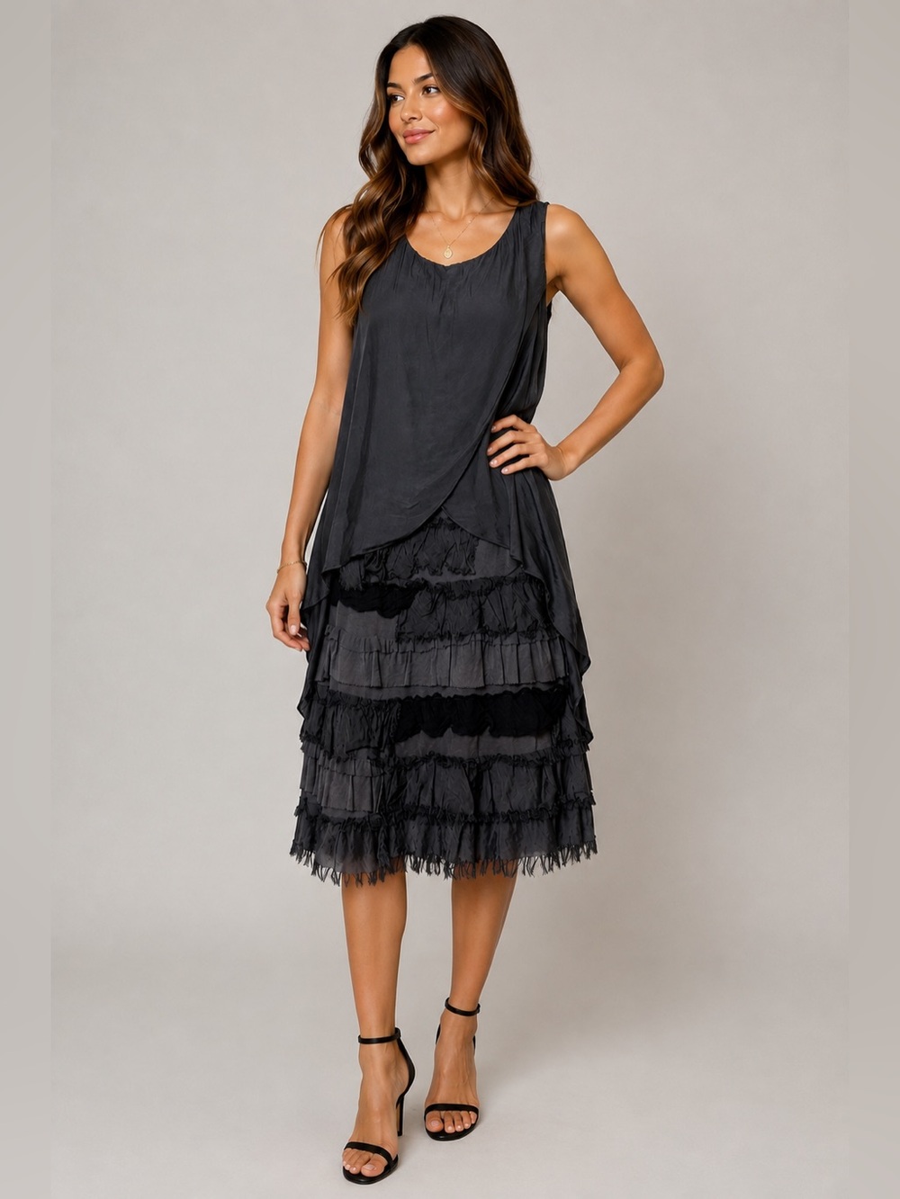 Made in Italy Charcoal Gray Silk Layered Ruffle Lace Boho Midi Dress Best S/M